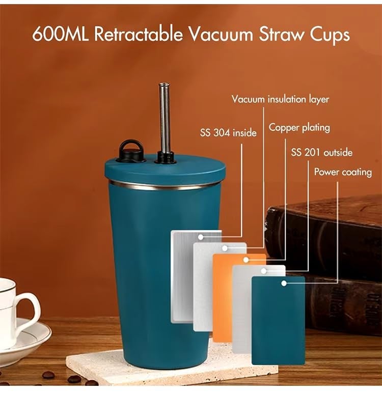 Wosta Vacuum-Insulated Tumbler Cup with Straw, Stainless Steel, Wide Mouth, Home Office, Outdoor, Retains Heat and Cold, Lid Included, 20.3 fl oz (600 mL), Girls, Boys (Black) - Image 5