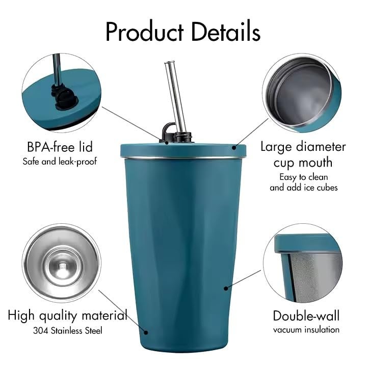 Wosta Vacuum-Insulated Tumbler Cup with Straw, Stainless Steel, Wide Mouth, Home Office, Outdoor, Retains Heat and Cold, Lid Included, 20.3 fl oz (600 mL), Girls, Boys (Black) - Image 3