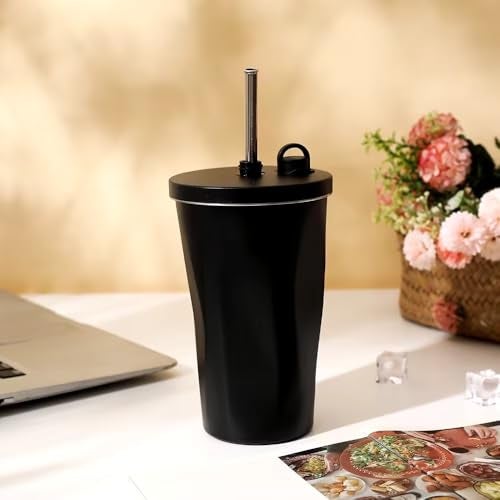 Wosta Vacuum-Insulated Tumbler Cup with Straw, Stainless Steel, Wide Mouth, Home Office, Outdoor, Retains Heat and Cold, Lid Included, 20.3 fl oz (600 mL), Girls, Boys (Black) - Image 1