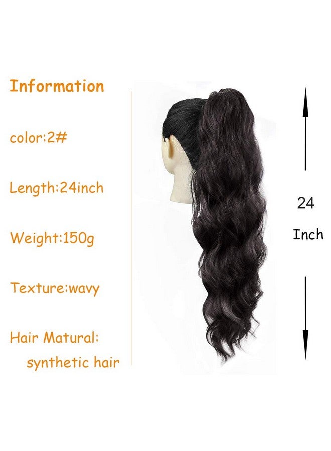 KETHBE 24 Inch Long Body Wave Ponytail Hair Extension Synthetic Heat Resistant Wrap Around Drawstring Curly Wavy Ponytail Hairpieces For Women(Natural Black)  - Image 2