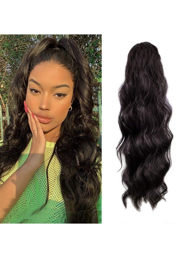 KETHBE 24 Inch Long Body Wave Ponytail Hair Extension Synthetic Heat Resistant Wrap Around Drawstring Curly Wavy Ponytail Hairpieces For Women(Natural Black)  - Image 1