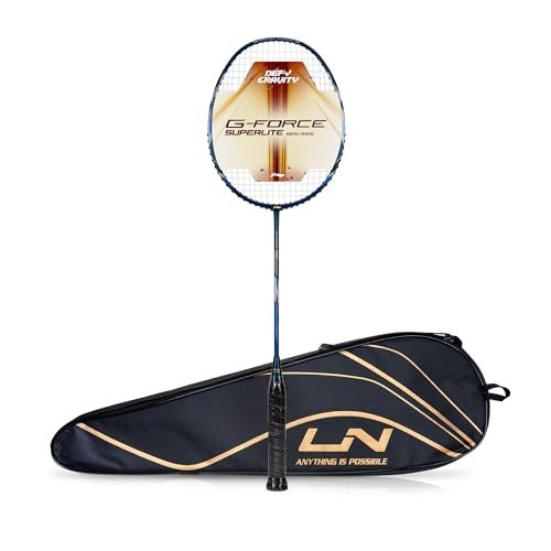 Li-Ning G-Force 5900 Superlite Strung Badminton Racquet with Free Head Cover| 79 Grams (Navy/Gold/White) - Image 1