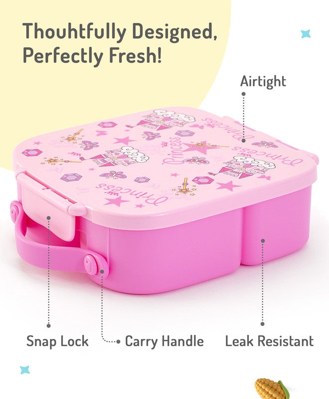 Bonfino Lunch Box, Leak-Resistant Seal, Food-Grade PP and Silicone, Durable, Princess Theme, 3 Years+, 1100 mL, 21.8 x 21.1 x 7.5 cm - Pink - Image 4