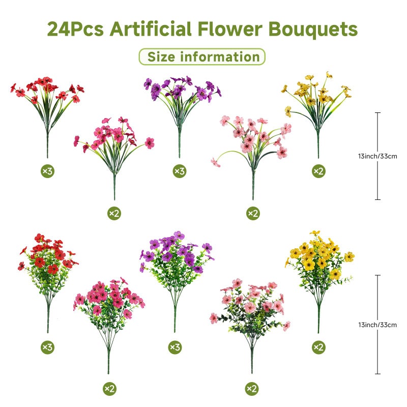 Alupssuc 24 Bundles Artificial Flowers for Outdoors Decoration, UV Resistant Silk Faux Daisy Flora Spring Fake Plastic Plants Greenery for Outside Indoor Yard Home Porch Window Box Decor, Mix 5 Colors - Image 3