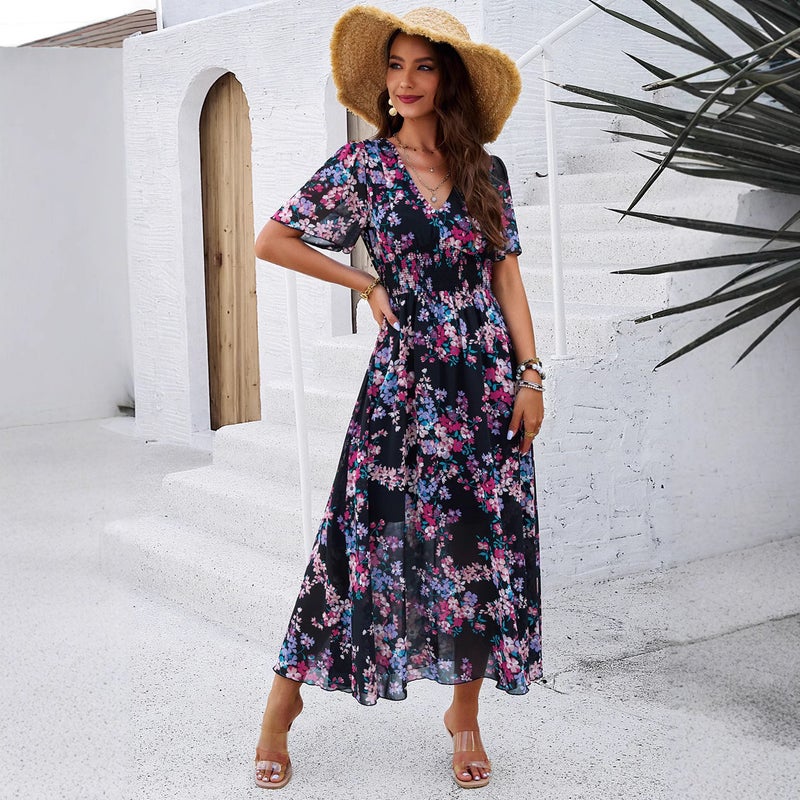 Women's Printed Chiffon Short Sleeve Dress with Waist Cinching - Image 2