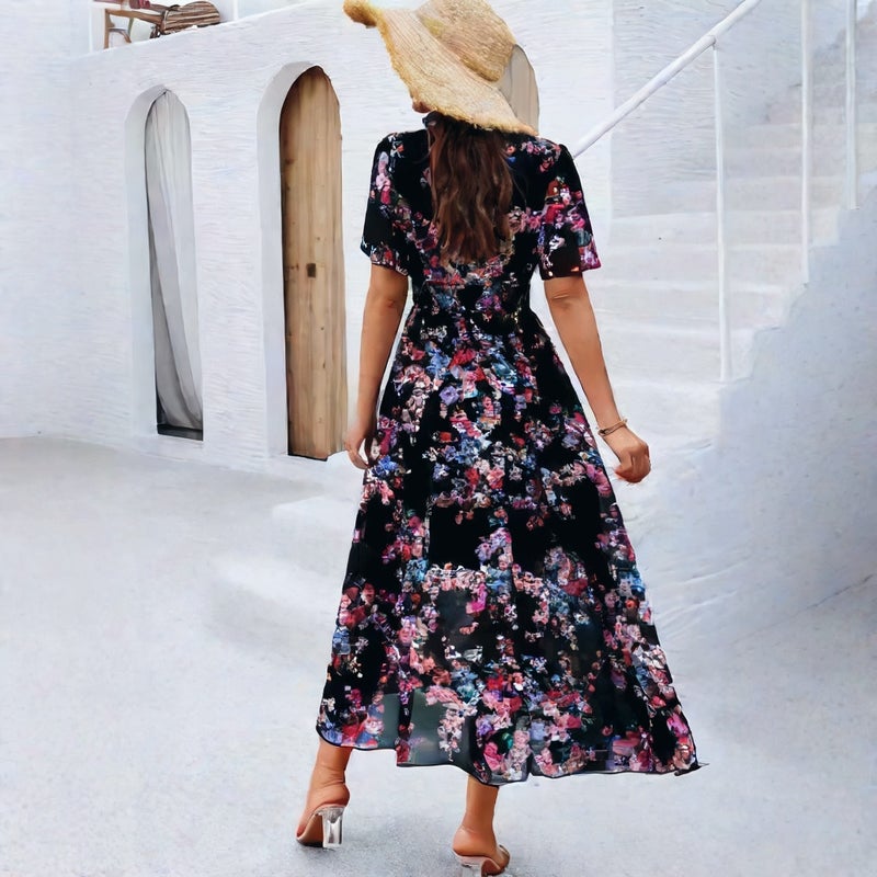 Women's Printed Chiffon Short Sleeve Dress with Waist Cinching - Image 4