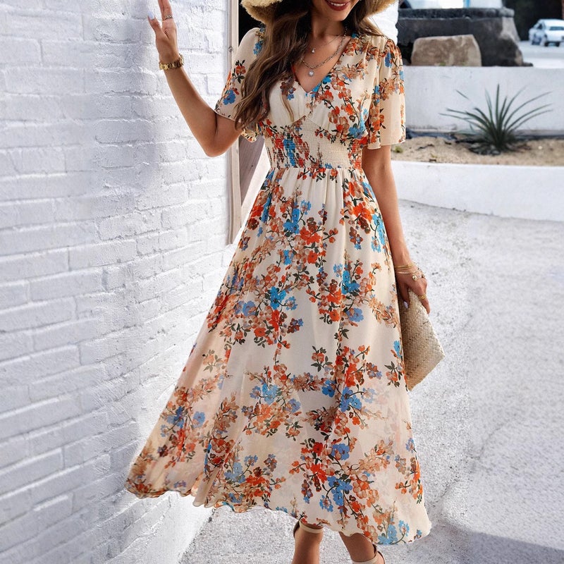 Women's Printed Chiffon Short Sleeve Dress with Waist Cinching - Image 3
