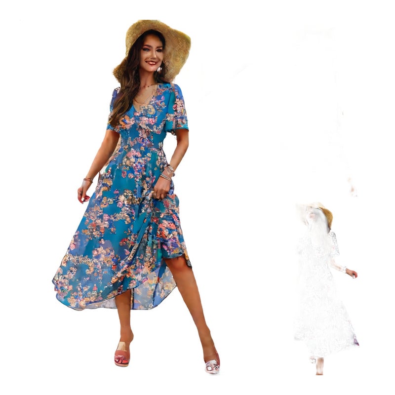Women's Printed Chiffon Short Sleeve Dress with Waist Cinching - Image 1