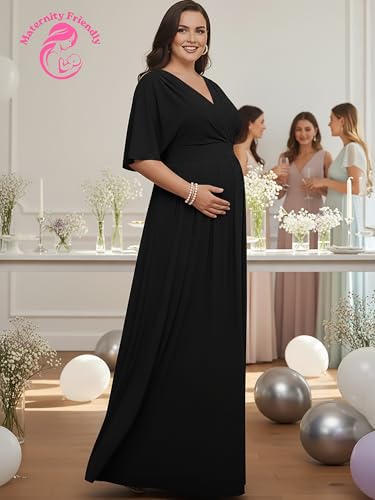 KOH KOH Womens Long Formal Short Sleeve Cocktail Flowy V-Neck Casual Bridesmaid Wedding Party Guest Evening Cute Maternity Work Gown Gowns Maxi Dress Dresses, Black XS 2-4 - Image 4