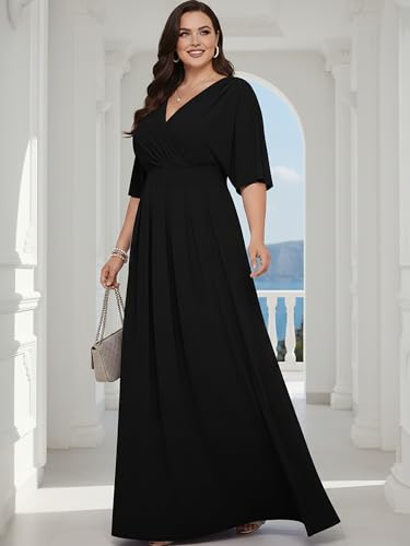 KOH KOH Womens Long Formal Short Sleeve Cocktail Flowy V-Neck Casual Bridesmaid Wedding Party Guest Evening Cute Maternity Work Gown Gowns Maxi Dress Dresses, Black XS 2-4 - Image 2