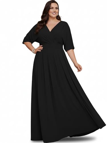 KOH KOH Womens Long Formal Short Sleeve Cocktail Flowy V-Neck Casual Bridesmaid Wedding Party Guest Evening Cute Maternity Work Gown Gowns Maxi Dress Dresses, Black XS 2-4 - Image 1