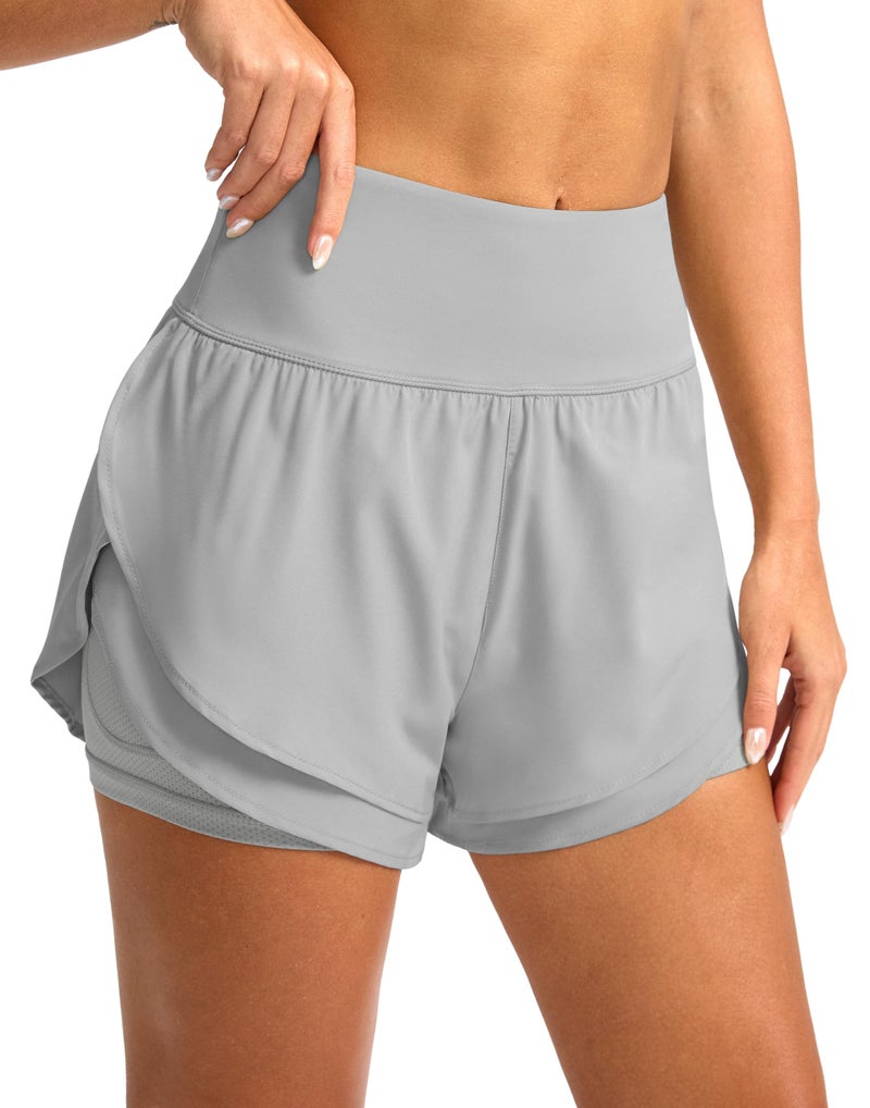 SANTINY Womens 2 in 1 Running Shorts with Pockets 3 High Waisted Exercise Workout Athletic Shorts for Women with LinerLight Grey_M - Image 2
