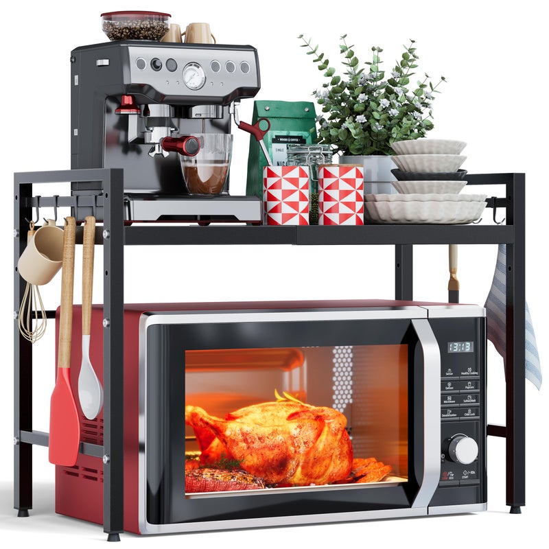 NETEL Expandable Microwave Stand,2 Tier Metal Kitchen Countertop Organizer Shelves with 8 Hooks,Bakers Rack,Microwave Shelf,Microwave Oven Rack,55lbs Weight Capacity - Image 1