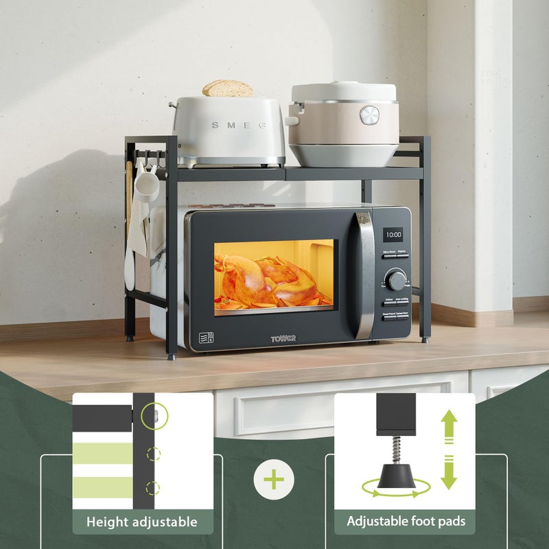 NETEL Expandable Microwave Stand,2 Tier Metal Kitchen Countertop Organizer Shelves with 8 Hooks,Bakers Rack,Microwave Shelf,Microwave Oven Rack,55lbs Weight Capacity - Image 3