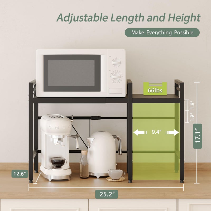 NETEL Expandable Microwave Stand,2 Tier Metal Kitchen Countertop Organizer Shelves with 8 Hooks,Bakers Rack,Microwave Shelf,Microwave Oven Rack,55lbs Weight Capacity - Image 2