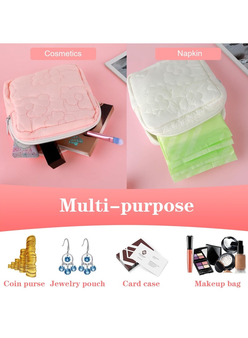 2 Pcs Embroidery Sanitary Napkin Storage Bag, Sanitary Napkin Storage Bag, Tampon Bag with, Menstrual Cup Pouches, Sanitary Pads Organizer with Zipper, for Teen Aged Girls (Pink+White)