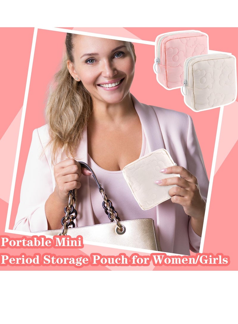 2 Pcs Embroidery Sanitary Napkin Storage Bag, Sanitary Napkin Storage Bag, Tampon Bag with, Menstrual Cup Pouches, Sanitary Pads Organizer with Zipper, for Teen Aged Girls (Pink+White)