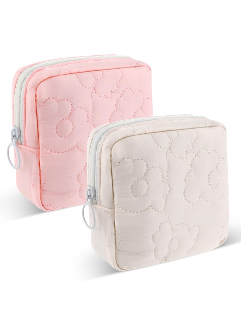 2 Pcs Embroidery Sanitary Napkin Storage Bag, Sanitary Napkin Storage Bag, Tampon Bag with, Menstrual Cup Pouches, Sanitary Pads Organizer with Zipper, for Teen Aged Girls (Pink+White)