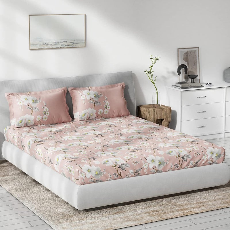 DDECOR Live beautiful DDECOR Rose Cloud 100 Cotton Fitted Bedsheet with 2 Pillow Covers King Size Pink 