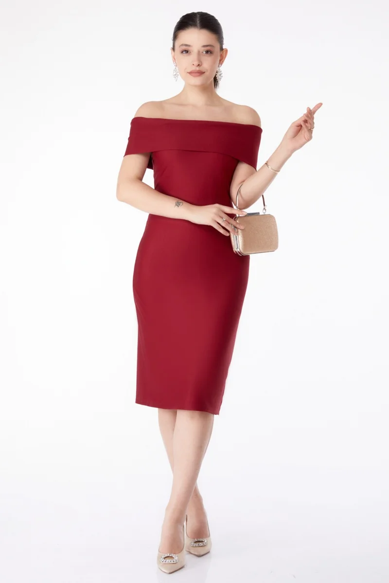Tofisa Plain Cowl Neck Women's Burgundy Evening Dress - 13187