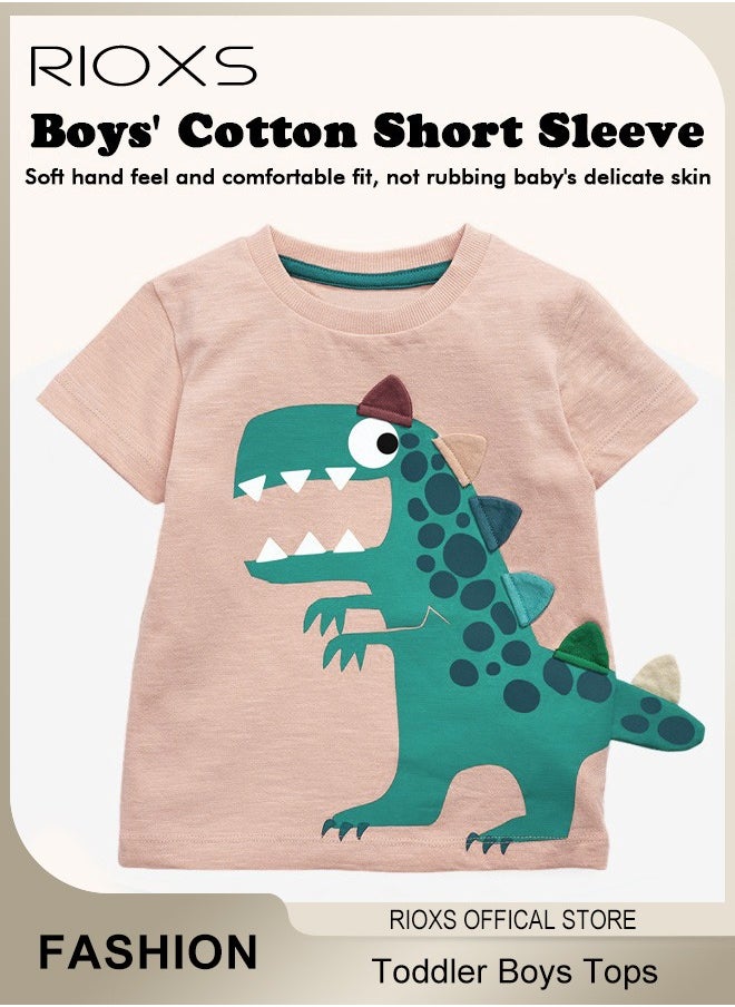 RIOXS - Toddler Boys Fashion Cartoon Dinosaur Tops, Breathable Soft 100% Cotton T-Shirt, Classic Graphic Short Sleeve Tees, Perfect for Daily Wearing, School and other Outdoor Activities - Image 1