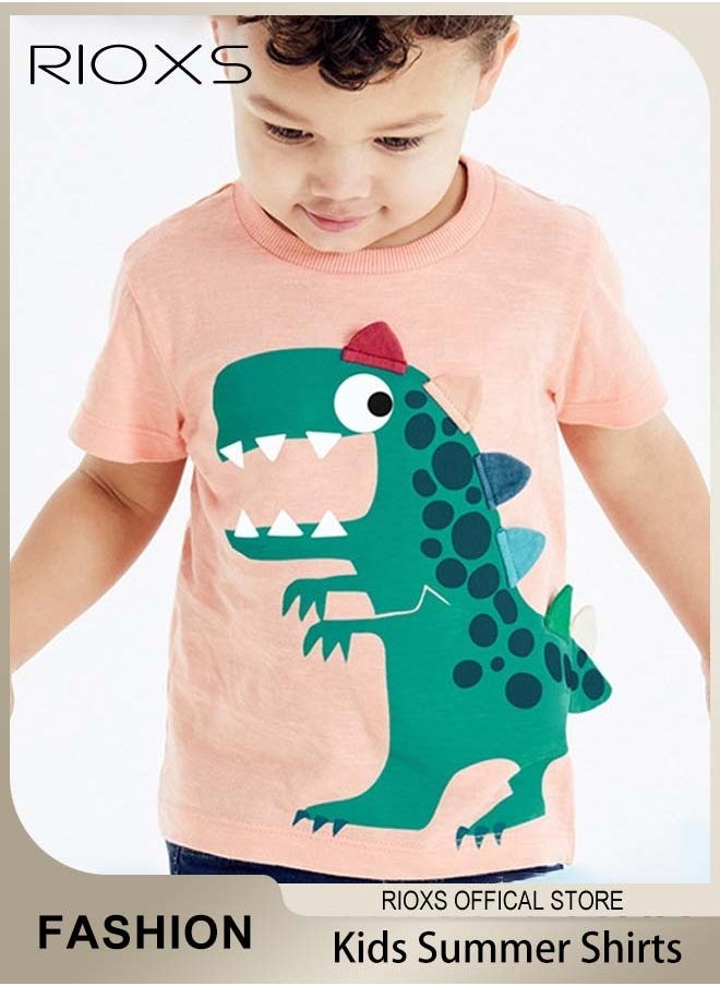 RIOXS - Toddler Boys Fashion Cartoon Dinosaur Tops, Breathable Soft 100% Cotton T-Shirt, Classic Graphic Short Sleeve Tees, Perfect for Daily Wearing, School and other Outdoor Activities - Image 1