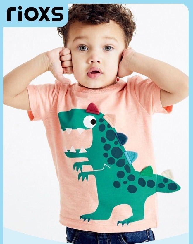 RIOXS Toddler Boys Short Sleeve T-Shirts, Crewneck Cartoon Dinosaur Shirts, Fashion Breathable Soft Cotton T-ShirtTee Tops for Kids, Classic Graphic Short Sleeve Tees for Boys, Perfect for Daily Wearing, School and Other Outdoor Activities - Image 1