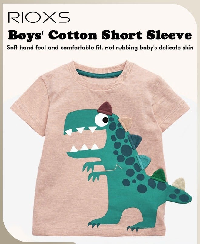 RIOXS Toddler Boys Short Sleeve T-Shirts, Crewneck Cartoon Dinosaur Shirts, Fashion Breathable Soft Cotton T-ShirtTee Tops for Kids, Classic Graphic Short Sleeve Tees for Boys, Perfect for Daily Wearing, School and Other Outdoor Activities - Image 3