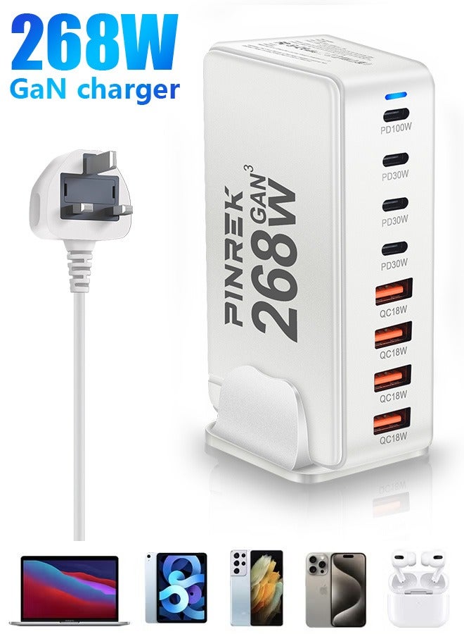 268W GaN Type C Charger,  8 Port Type C Fast Charging Station Hub Block, Wall Charger Power Strip Adapter Plug Cube 5 PD USB C 3 QC USB A Laptop Charger for MacBook Air Sumsung S24 iPhone 15 14  iPad - Image 1