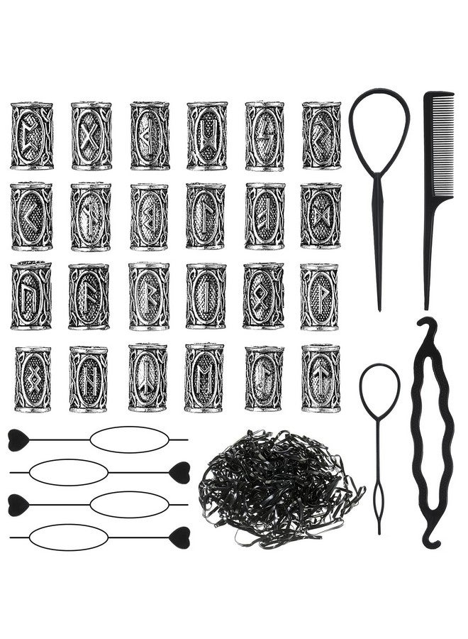 Geosar 24 Piece Norse Vikings Runes Hair Beard Beads For Bracelets Necklace Accessories Diy Includes 7 Pieces Pull Hair Pin Quick Beader Hair Tool And Black Rubber Bands For Women Men - Image 1