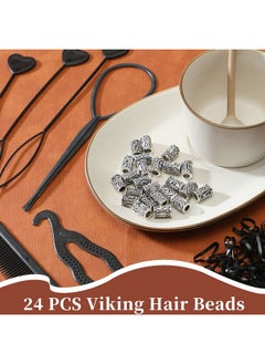 Geosar 24 Piece Norse Vikings Runes Hair Beard Beads For Bracelets Necklace Accessories Diy Includes 7 Pieces Pull Hair Pin Quick Beader Hair Tool And Black Rubber Bands For Women Men  - Image 3