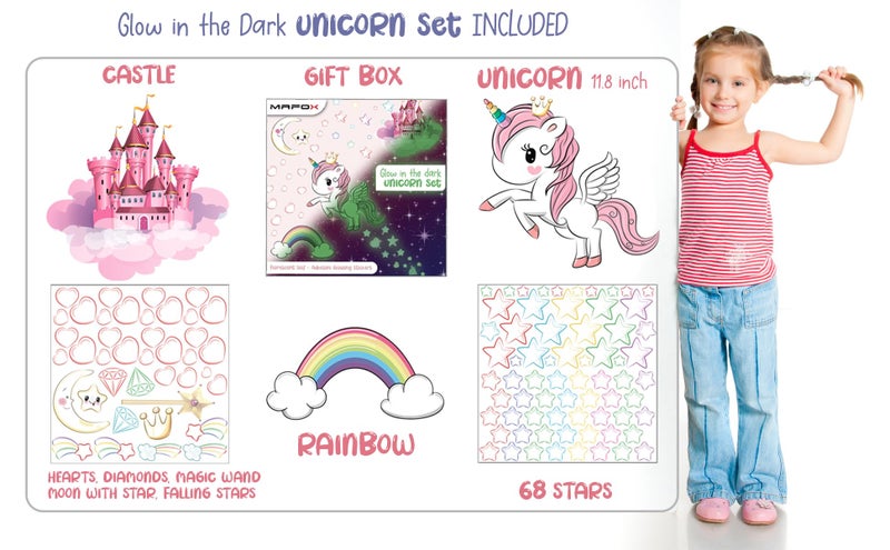 MAFOX Glow in The Dark Stars, Glowing Unicorn Sets with Castle Moon and Rainbow Wall Decals for Kids Bedding Room, Great for Birthday Gift Wall Mural Stickers for Girls and Boys - Image 4
