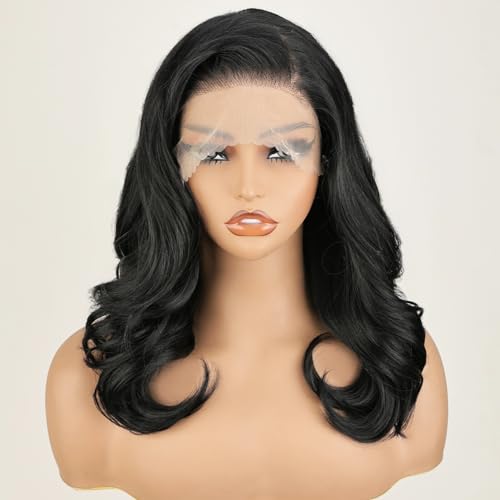 SOKU 13X6 Body Wave Lace Front Wigs Pre Layered 18 Inch Short Wavy Glueless Wigs Pre Plucked Natural Black Synthetic Lace Front Wigs for Women Ready to Wear with Tiny Knots - Image 1