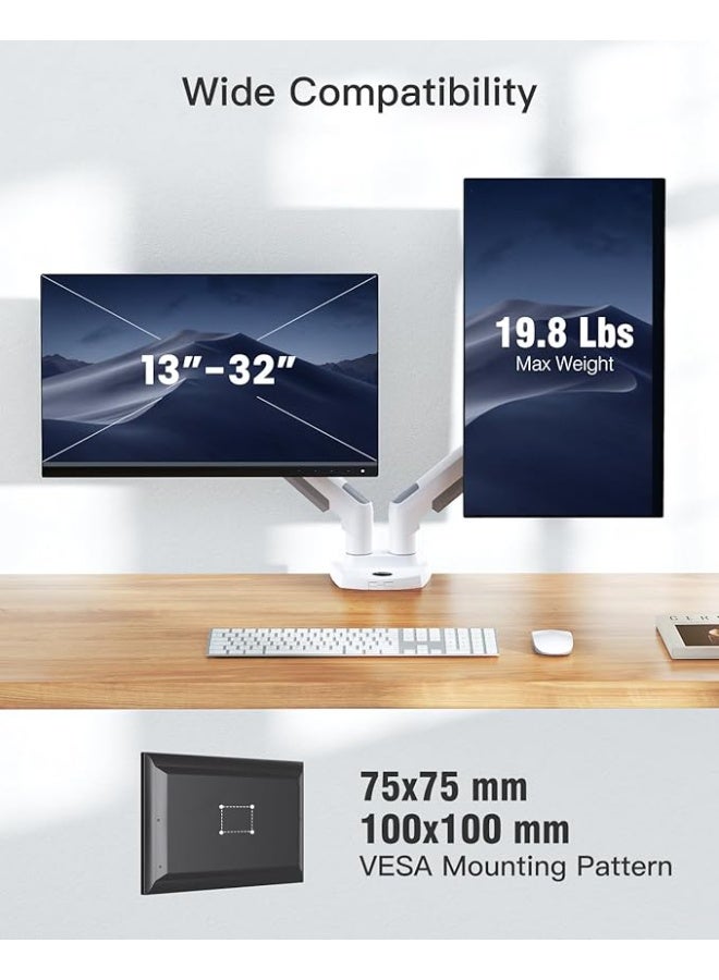 حامل شاشتين أبيض للمكتب – ذراع قابل للتعديل يدعم شاشات من 13 إلى 32 بوصة المسطحة والمقوسة، متوافق مع VESA - Image 4