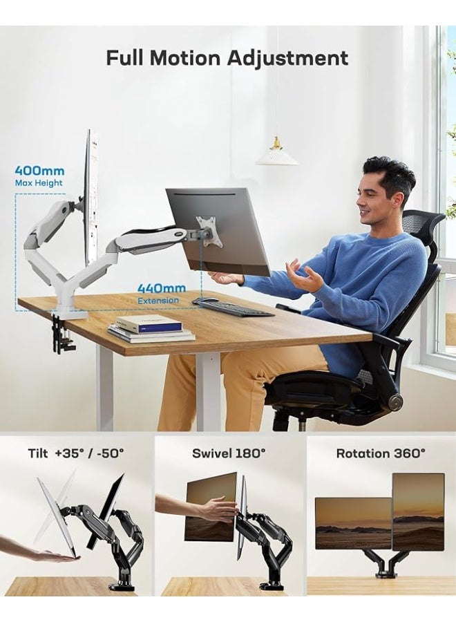 حامل شاشتين أبيض للمكتب – ذراع قابل للتعديل يدعم شاشات من 13 إلى 32 بوصة المسطحة والمقوسة، متوافق مع VESA - Image 3