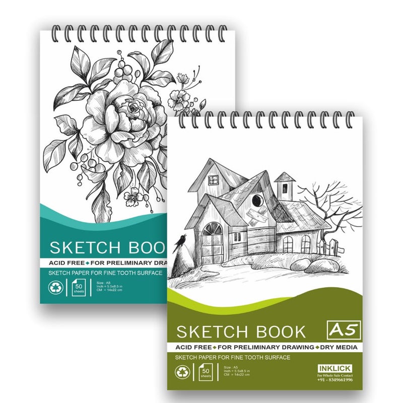 INKLICK 50 Sheet A5 Sketchbook 5.8 x 8.3 Inch | Top Spiral-Bound Sketchpad for Artists | Sketching and Drawing Acid Free Paper, for Doodling (Style 5,6) - Image 1
