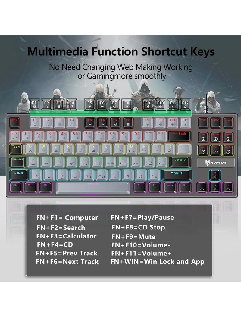 XUNFOX - Xunfox K80 Gaming Keyboard - Blue Mechanical Switch – Rainbow backlight – 87 Keys TKL Size – Double Color keycaps – ( Arabic & English Keys ) - Image 1