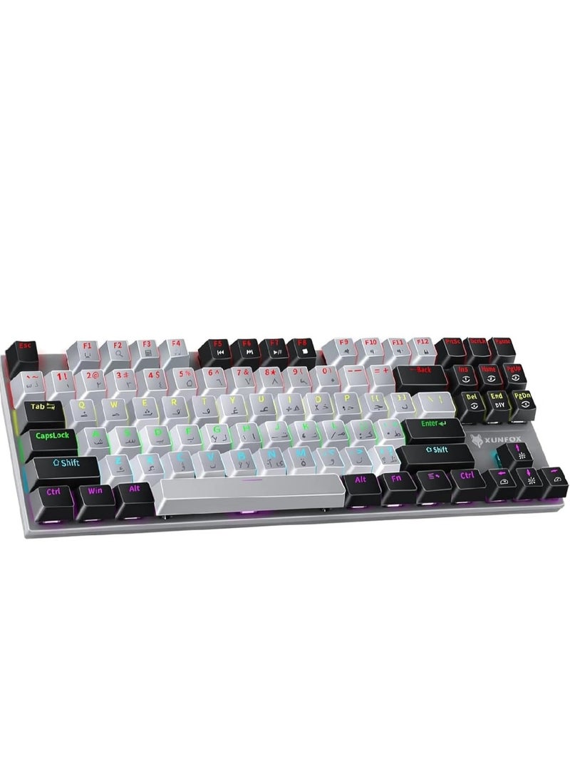 XUNFOX - Xunfox K80 Gaming Keyboard - Blue Mechanical Switch – Rainbow backlight – 87 Keys TKL Size – Double Color keycaps – ( Arabic & English Keys ) - Image 1