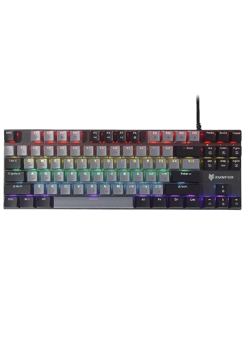 XUNFOX - Xunfox K80 Gaming Keyboard - Blue Mechanical Switch – Rainbow backlight – 87 Keys TKL Size – Double Color keycaps – ( Arabic & English Keys ) - Image 1