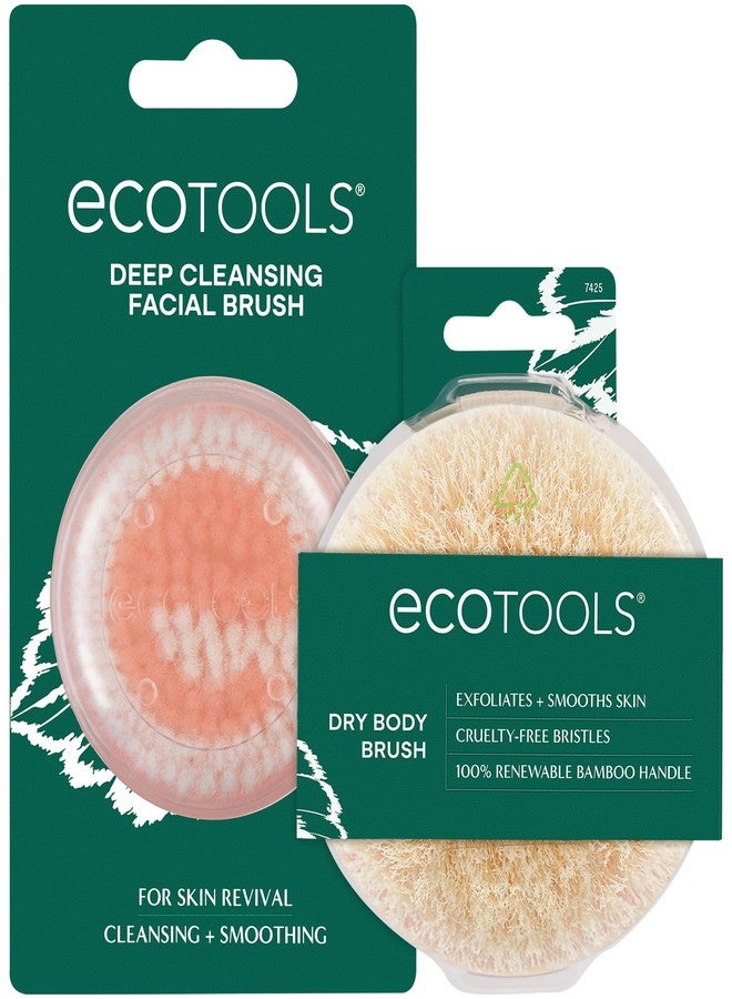 EcoTools Deep Cleansing Facial Brush, Makeup Remover Tool + Dry Brushing Body Brush for Circulation, Cellulite Massage, Dead Skin Removal, Self-Care Gifts, Natural Beige, Synthetic - Image 1