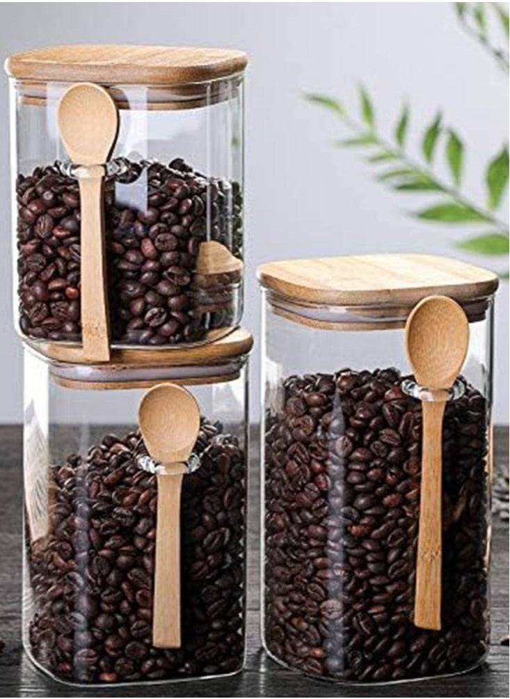 Perfii Set of 3 Airtight Food Jars Glass Storage Jar with Bamboo Lids and bamboo Spoon Kitchen Food Storage Containers with Scoop For Serving Tea Coffee Flour Sugar Candy Cookie and Spices  - Image 4