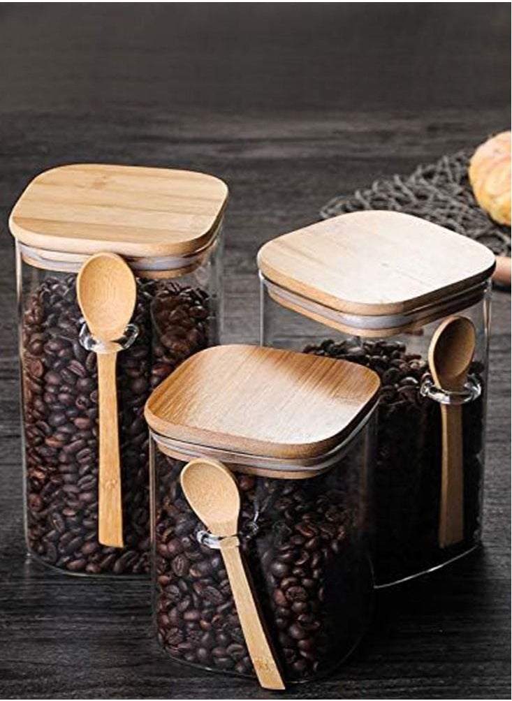 Perfii Set of 3 Airtight Food Jars Glass Storage Jar with Bamboo Lids and bamboo Spoon Kitchen Food Storage Containers with Scoop For Serving Tea Coffee Flour Sugar Candy Cookie and Spices  - Image 3