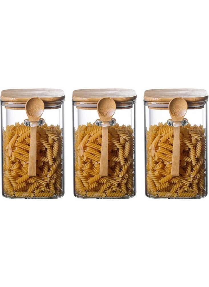 Perfii Set of 3 Airtight Food Jars Glass Storage Jar with Bamboo Lids and bamboo Spoon Kitchen Food Storage Containers with Scoop For Serving Tea Coffee Flour Sugar Candy Cookie and Spices  - Image 1