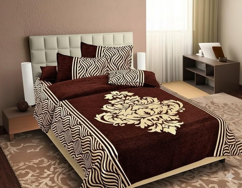 FRESH FROM LOOM Chenille Velvet 500 TC Bedsheet, 1 Double Bed King Size Bedsheet with 2 Pillow Cover, Size - 90x100 Inch, Coffee - Image 1