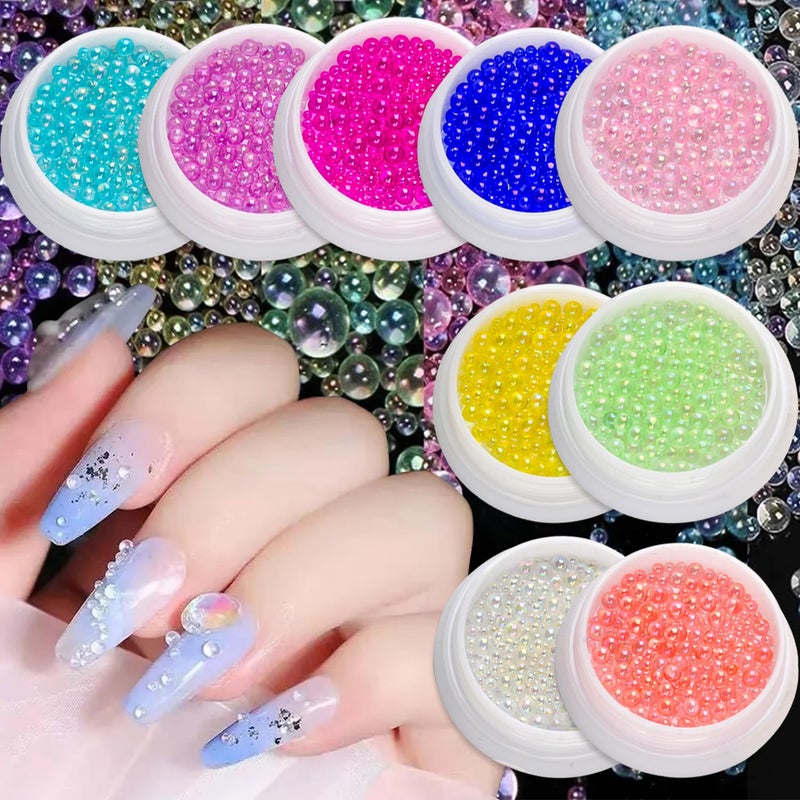 SILPECWEE 9 Boxes Mermaid Bubble Beads Rhinestones Aurora Caviar Beads Iridescent Circular Nail Pearl Glass Crystal Diamond 3D Nail Charms and Decorations for Makeup DIY Craft Accessories