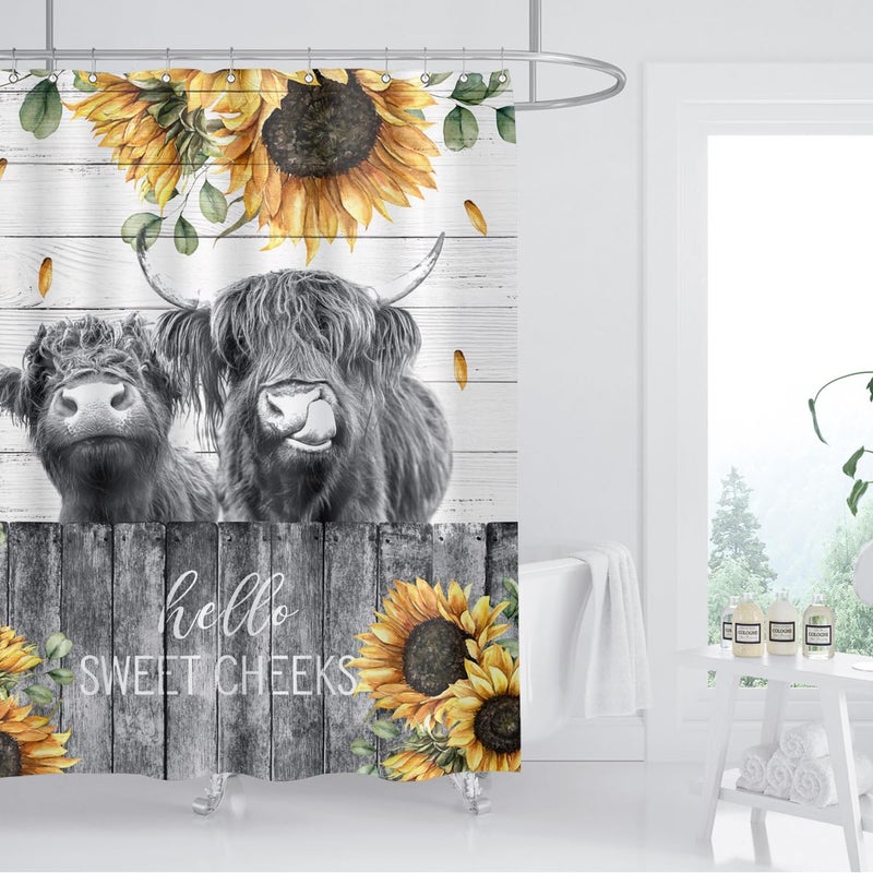 ZXMBF Farmhouse Highland Cow Shower Curtain Funny Cattle Farm Western Wooden Fence Rustic Sunflower Decor Country Home Bathroom Decor Waterproof Fabric 72Lx60W Inch with 12PCS Hooks - Image 2