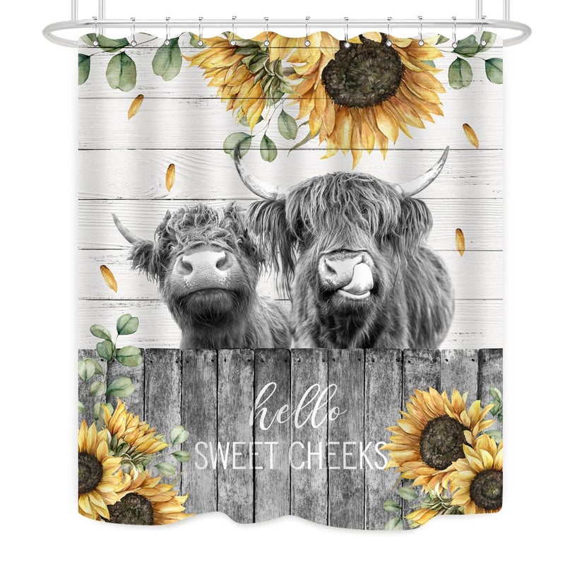 ZXMBF Farmhouse Highland Cow Shower Curtain Funny Cattle Farm Western Wooden Fence Rustic Sunflower Decor Country Home Bathroom Decor Waterproof Fabric 72Lx60W Inch with 12PCS Hooks - Image 3
