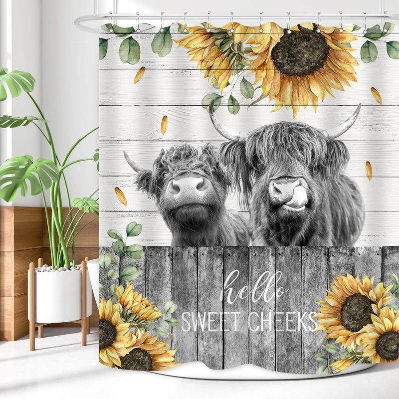 ZXMBF Farmhouse Highland Cow Shower Curtain Funny Cattle Farm Western Wooden Fence Rustic Sunflower Decor Country Home Bathroom Decor Waterproof Fabric 72Lx60W Inch with 12PCS Hooks - Image 4