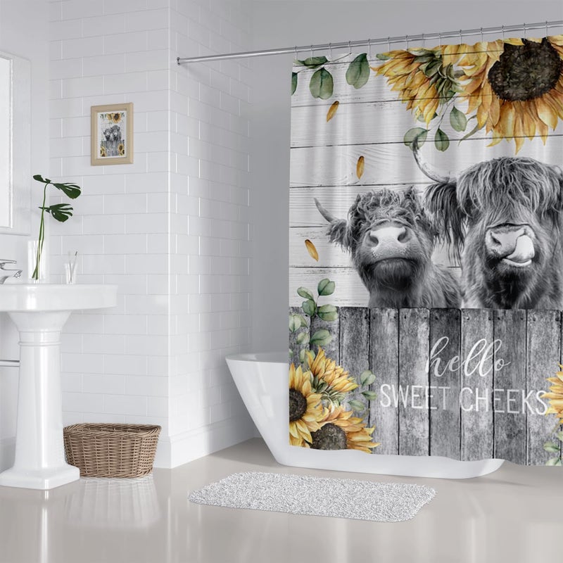 ZXMBF Farmhouse Highland Cow Shower Curtain Funny Cattle Farm Western Wooden Fence Rustic Sunflower Decor Country Home Bathroom Decor Waterproof Fabric 72Lx60W Inch with 12PCS Hooks - Image 5