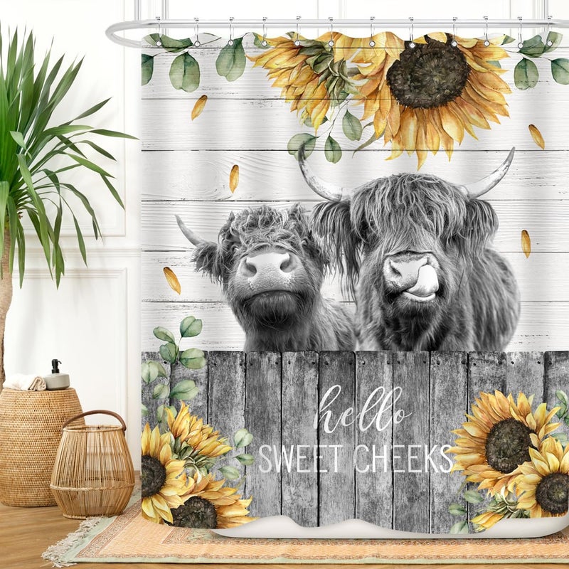 ZXMBF Farmhouse Highland Cow Shower Curtain Funny Cattle Farm Western Wooden Fence Rustic Sunflower Decor Country Home Bathroom Decor Waterproof Fabric 72Lx60W Inch with 12PCS Hooks - Image 1